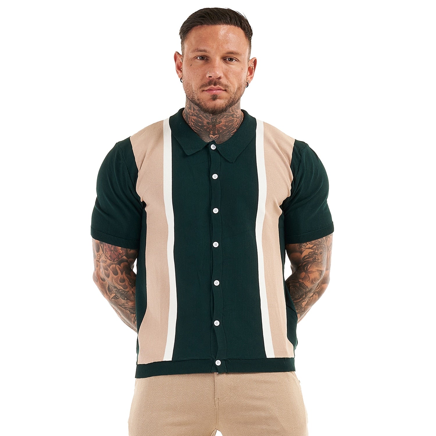 PREMIUM SHORT SLEEVE SLIM FIT POLO - GREEN/CREAM/WHITE